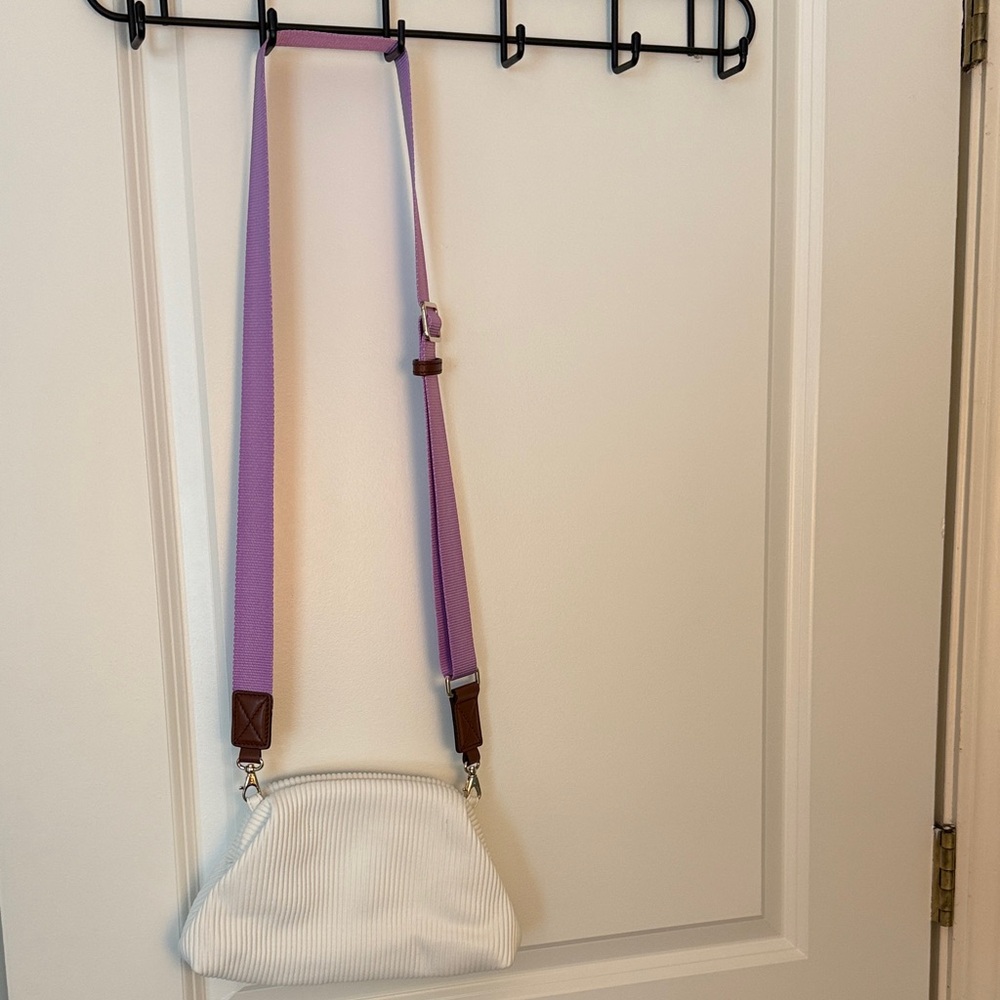 White Ribbed Crossbody Bag with Lavender Strap